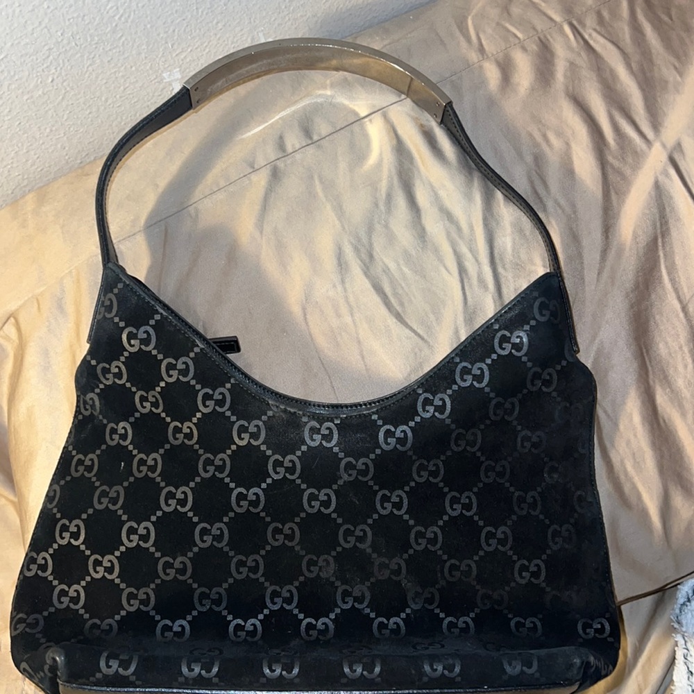 COPY - GUCCI Suede Black Purse with Silver Shoulder Hander * vintage *